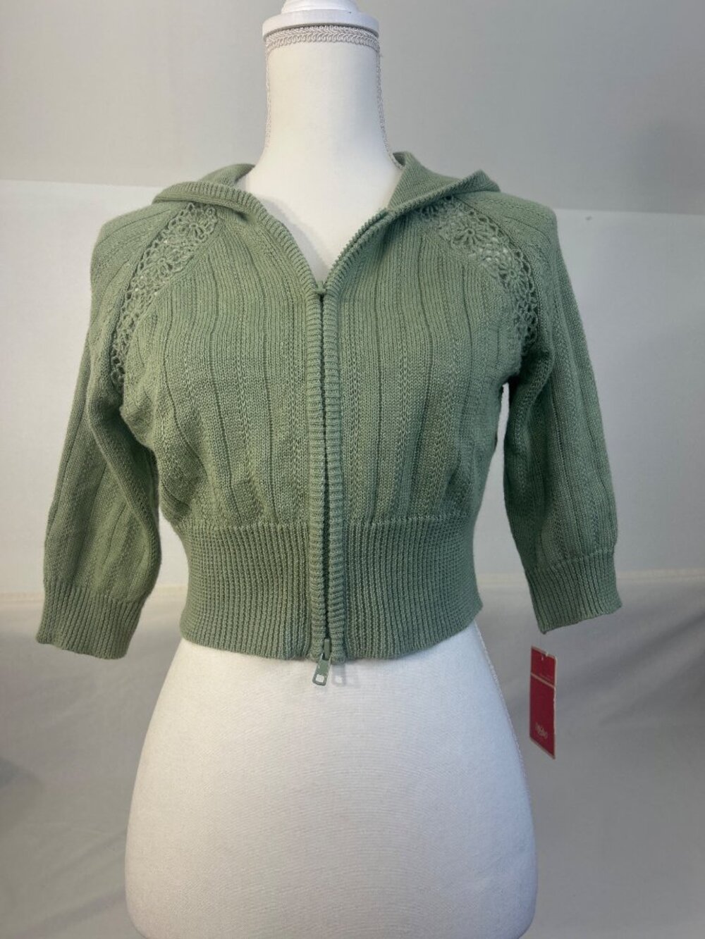 Mossimo Green Cropped Knit Hoodie Sweater With Lace Detail Size L